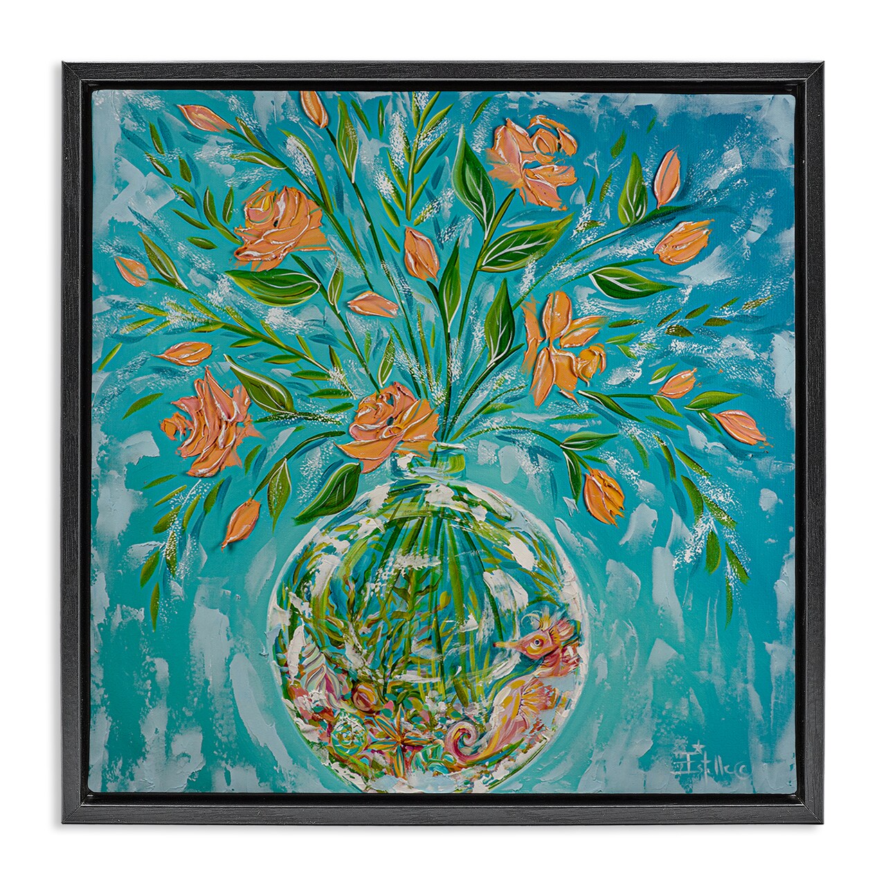 Stupell Industries Seahorse Fish Bowl Bouquet Floater Framed Canvas Wall Art Design by Estelle Grengs